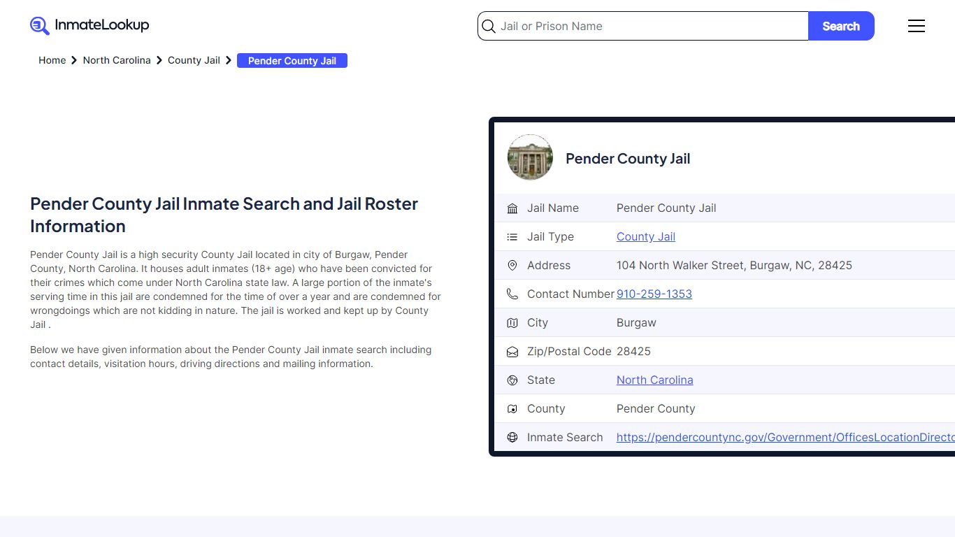 Pender County Jail Inmate Search - Burgaw North Carolina - Inmate Lookup