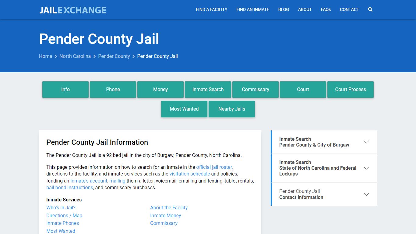 Pender County Jail, NC Inmate Search, Information